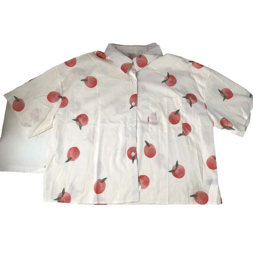 SHEIN All Over Peach Print Short Sleeve Button Down Blouse Top Off White XL 0722
